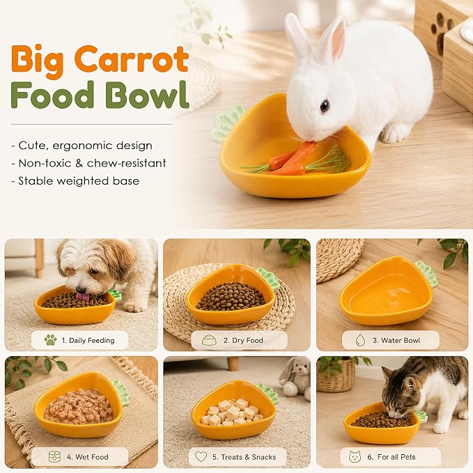 Hamster Food Bowl, Cute Big Carrot Shape Bowls, Ceramic Rabbit Bunny Guinea Pig Water Dish, Anti Spill & Prevent Tipping Chew Resistant Hay Feeder for Chinchilla, Ferret, Rat, Gerbil, Small Animals