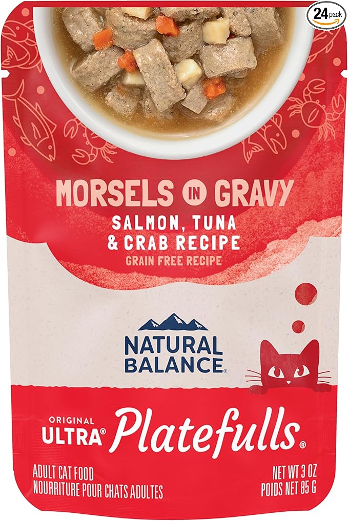 Natural Balance Original Ultra Platefulls Adult Grain-Free Wet Cat Food, Salmon, Tuna & Crab Recipe in Gravy, 3 Ounce Pouch (Pack of 24)