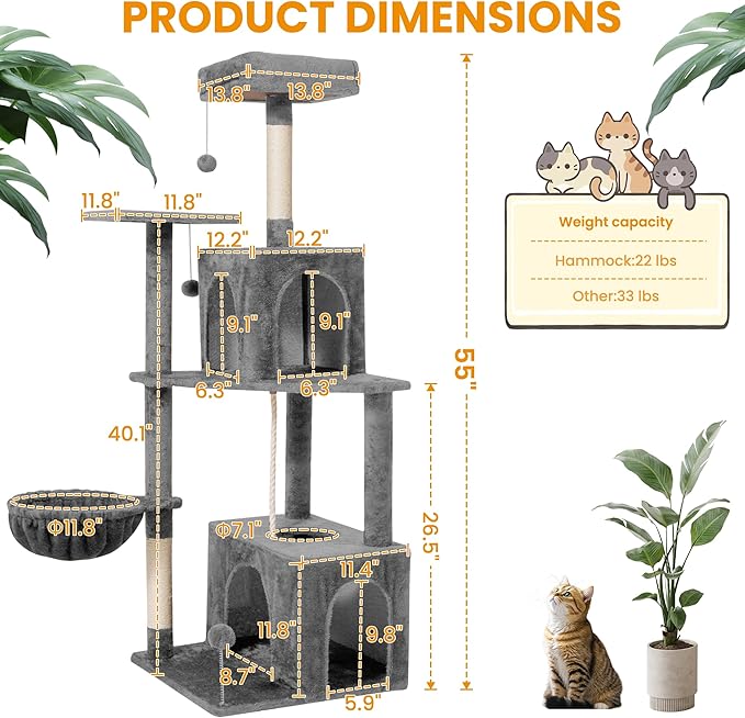 54-Inch Cat Tree Tower with 2 Caves & 2 Pompoms - Multi-Level Tower for Indoor Cats, Soft Plush Condo with Scratching Posts - Sturdy Base for Large Cats(Gray)