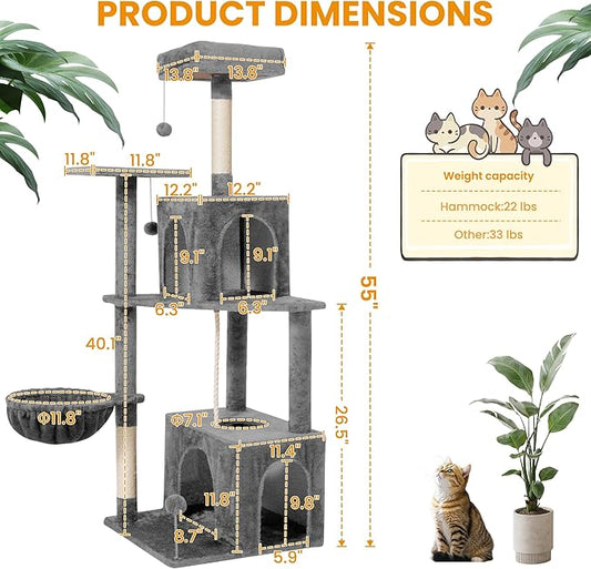 54-Inch Cat Tree Tower with 2 Caves & 2 Pompoms - Multi-Level Tower for Indoor Cats, Soft Plush Condo with Scratching Posts - Sturdy Base for Large Cats(Gray)