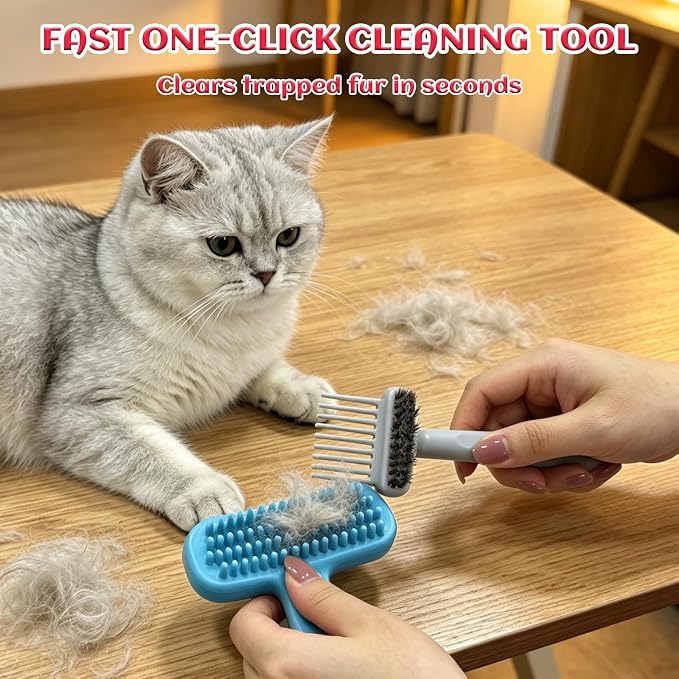 3PCS Rabbit Brush, Bunny Grooming Comb Pink & Blue Soft Silicone Small Pet Brushes with Grey Cleaning Brush, Small Animals Massager Cat Shedding Brush Pet Hair Remover Dog Combs for Kittens Puppies