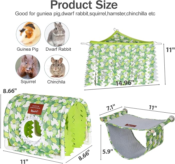 Guinea Pig Hideout Tunnel - Stable Washable Small Animal Tunnel Hide with Curtains,Guinea Pig Accessories for Hamster/Chinchilla/Dwarf Rabbit/Ferret (GreenAlpaca setof3, Large)