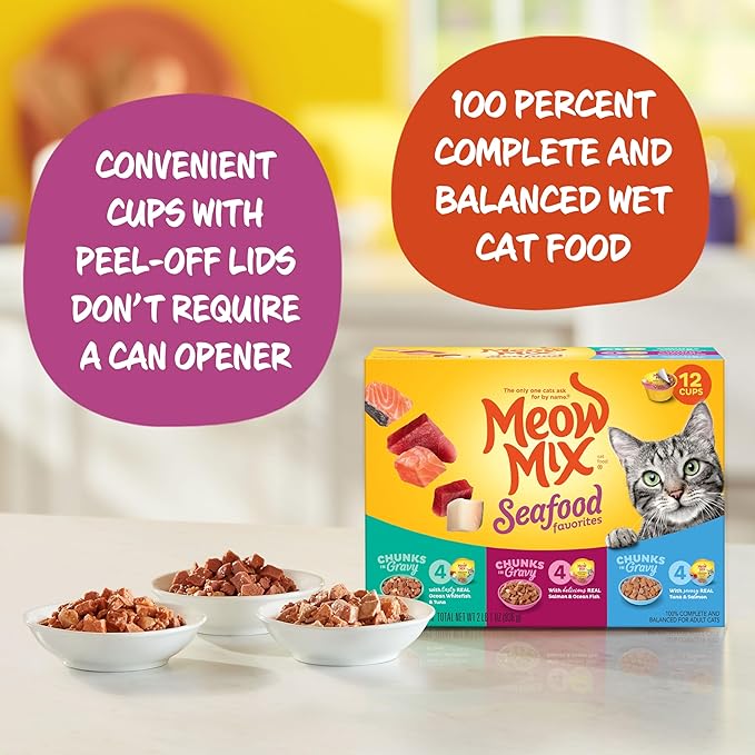 Meow Mix Savory Morsels Seafood Favorites Variety Pack, 2.75 oz Can (12 Pack)