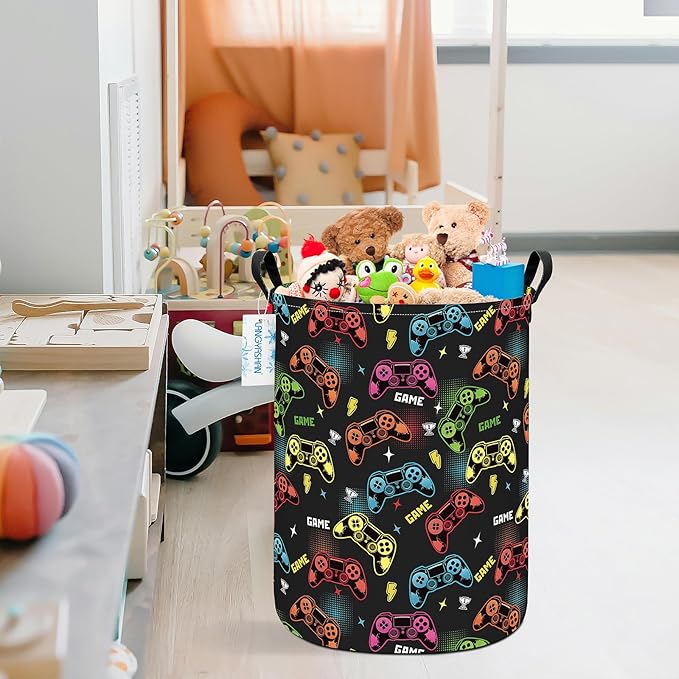 Laundry Basket Canvas Fabric Collapsible Organizer Basket for Storage Bin Toy Bins Gift Baskets Bedroom Clothes Children Nursery Hamper (Game)