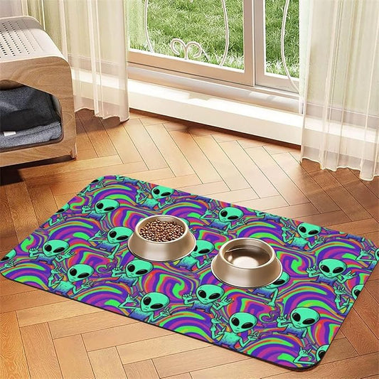 Dog Food Mat Cool Alien Tie Dye Dog Food Mat Non Slip Waterproof Dish Placemat