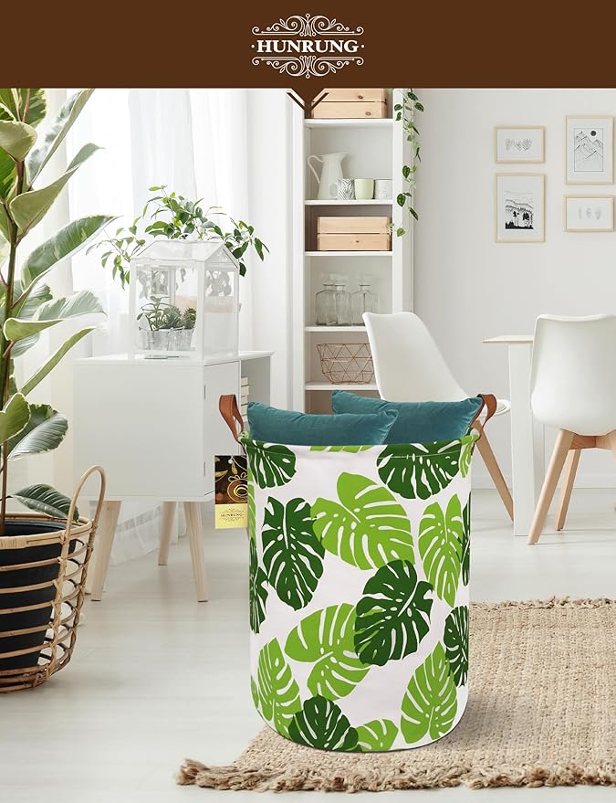 Collapsible Fabric Storage Basket, Waterproof Laundry Hamper with Handles, Round Storage Bin for Clothes Toys, Foldable Organizer for Bedroom Nursery Bathroom(Round Leaf)