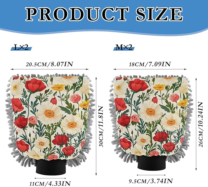 Car Wash Mitt Microfiber Wash Mitts for Car Washing Scratch-Free Cleaning Gloves Soft Non Absorbent Chenille Auto Hand Mitt Large 2Pack Poppy and Roses Flowers Bushes
