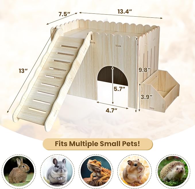 Extra Large Guinea Pig Hideout Wooden Bunny Climbing Toys Castle House with Ramp and Feeder, Enrichment Accessories for Rabbit, Chinchilla, Hamster, Hutch Cages for Small Animals
