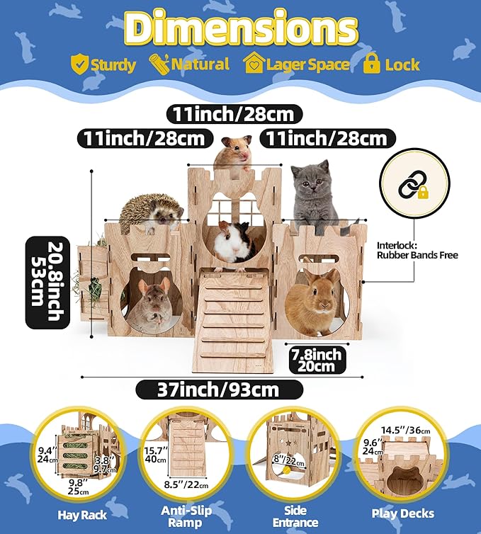 Larger Bunny Castle Sturdy Walnut Color Wooden Rabbit Hideout for Bunnies Guniea Pigs Ferrets Chinchillas Hamsters LXUS (Castle Ramp Feeder)