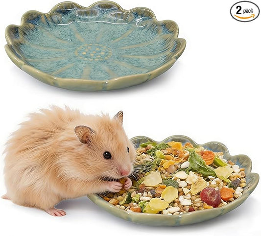 BNOSDM Shallow Ceramic Hamster Food Dish 2 Pcs Small Animals Food Bowl Sunflower Feeding Dishes for Gerbils Mice Rats 4.5in (Dark Green)