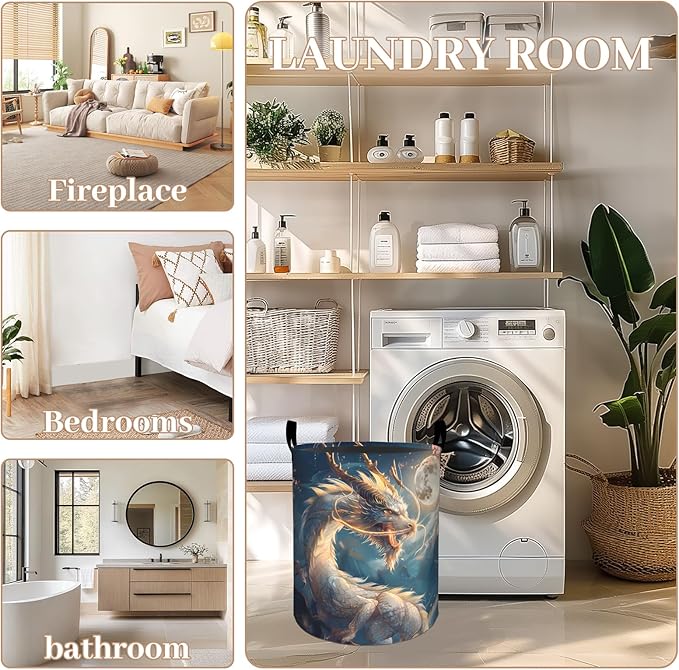 Mythical Dragon Floral Laundry Basket, Oxford Cloth Fantasy Dirty Clothes Collapsible Hamper for Room Decor, Moon and Flower Print Gifts Toy Organizer 19.7*15.8 Inch for Bedroom Bathroom Dorm