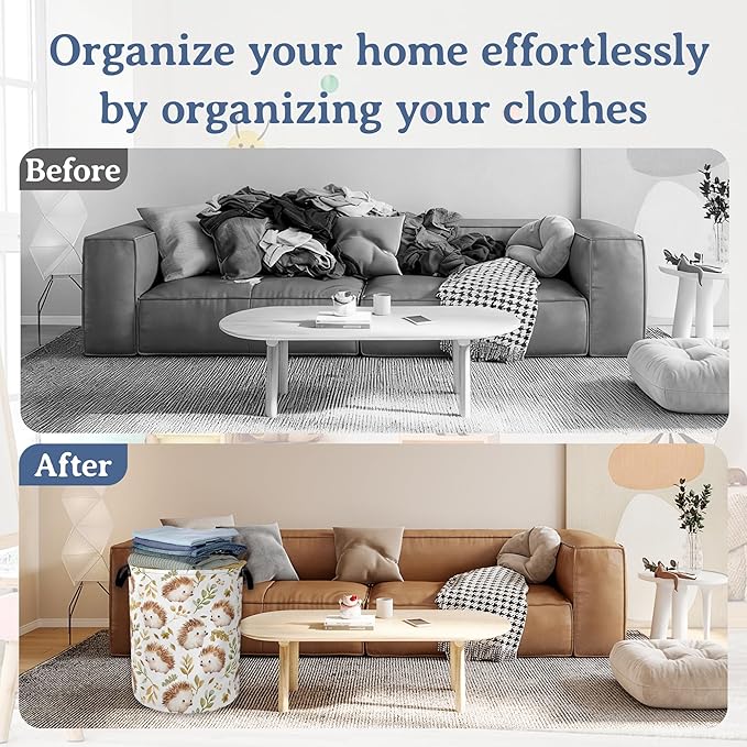 Cute Hedgehog Laundry Basket,Oxford Cloth Laundry Hamper With Handle Foldable Portable Clothes Storage Basket for Laundry Room/Bedroom/Bathroom 20.8"x16"