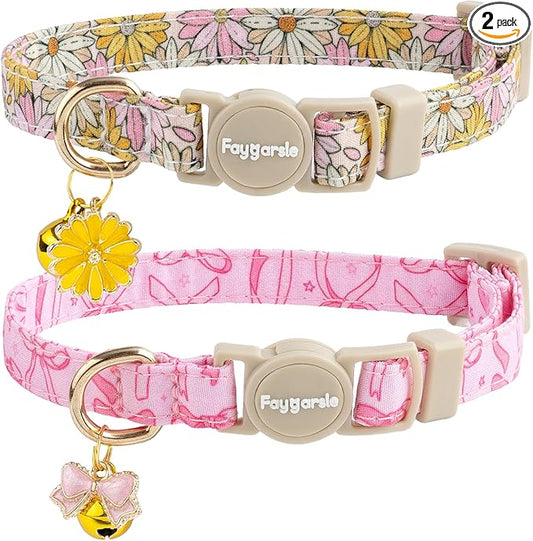 Faygarsle 2 Pack Pink Bow Floral Pattern Cat Collars Breakaway Safety Collar with Bell Spring Summer Design for Girl Cats,Pink Yellow