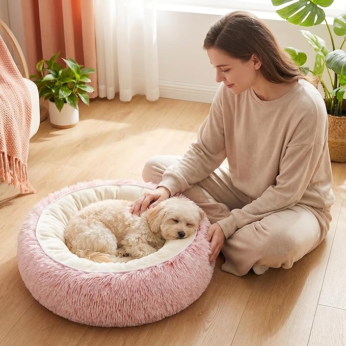 Calming Donut Dog Bed Cat Bed, Fluffy Long Fur Outer & Short Fur Inner, Sweat-Free Cozy Cuddler, Non-Slip Bottom,for Small Medium Dogs Cats Puppy Kitten (Donut Bed - Pink, Medium 19.7 Inches)