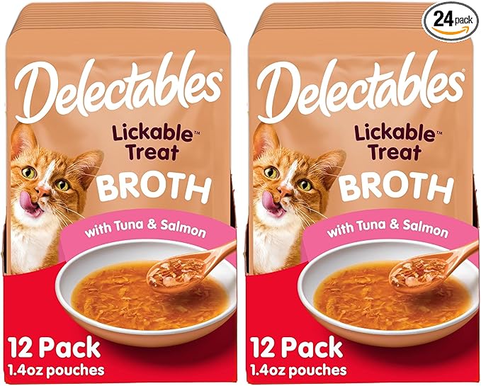 Delectables Hartz Savory Broths Tuna & Salmon Lickable Wet Cat Treats,(Pack of 24)