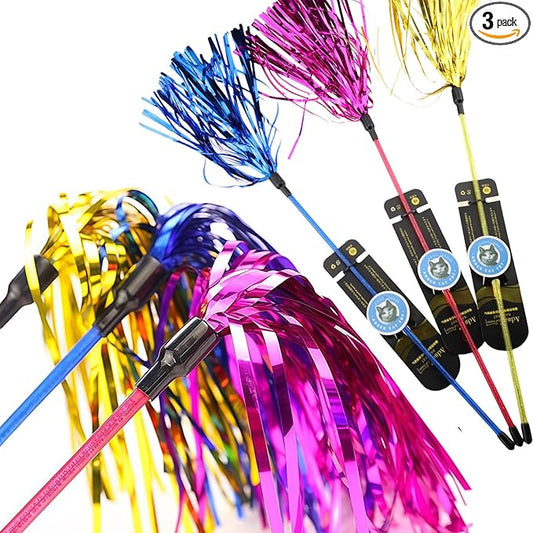 ADUCK Interactive Cat Teaser Wand Toy with Tassels - Durable Cat Chaser for Indoor Kitten Exercise, Boredom Relief & Training Play, Pack of 3 (Gold, Blue, Pink)
