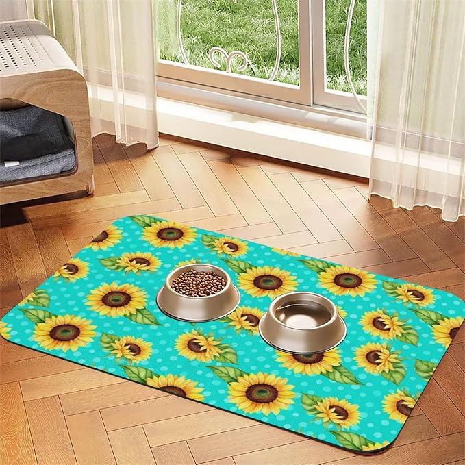 Dog Food Mat Pretty Sunflower Absorbent Dog Cat Bowl Mat for Food and Water