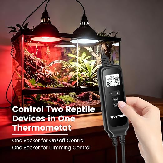 2 in 1 Reptile Dimming Thermostat with 2 Socket for Timer & Heating Control, Thermostat for Reptile Heat Lamp Heat Pad, PID Temperature Controller, Memory Function (Model: PT02T)