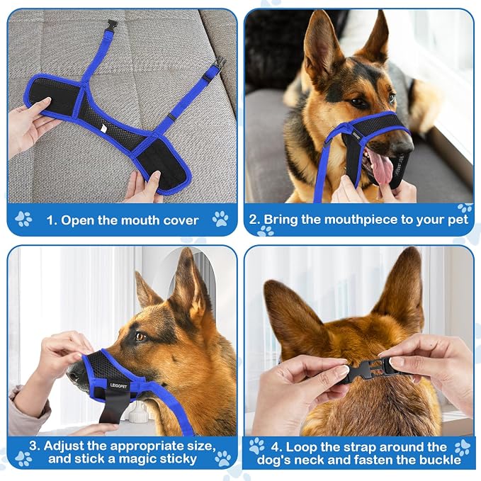 Dog Muzzle, Soft Mesh Nylon Design with Adjustable Neck Strap, Allows Panting and Drinking, for Grooming, Walks, and Scavenging Prevention - Blue, Medium
