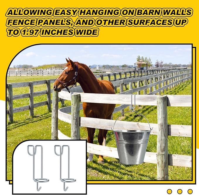 Hicarer 2 Pack Horse Feed Bucket Hooks Tack Hook for Horses Metal Equestrian Water Bucket Holder Hanger Removable No Drill Stall/Stable Feed Barn Farmhouse Supplies Livestock Accessories (Silver)