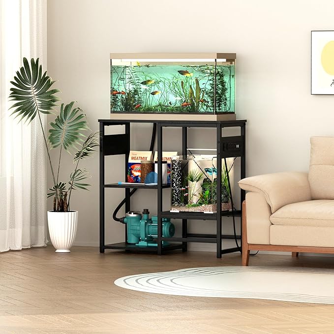 GRLEAF 20-30 Gallon Fish Tank Stand with Power Outlets, 4 Tier Metal Aquarium Stand with Wood Storage Shelves, 30.7" L x 13.8" W x 30.3" H Turtle Reptile Fish Tank Table Aquarium Table - Black