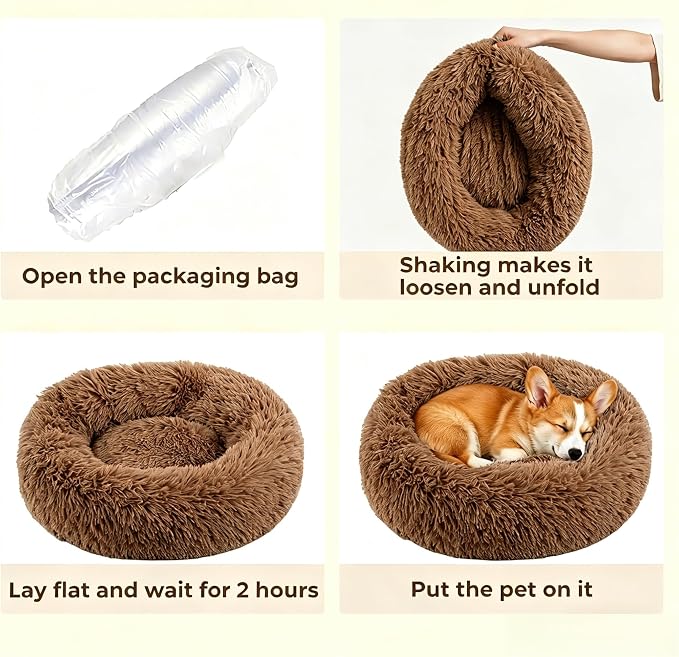 Calming Donut Dog and Cat Bed for Indoor Cats, Anti-Anxiety Round Fluffy Soft Washable Small Pet Bed for Puppy and Kitten, Warming Comfortable Luxury Anti-Slip Waterproof Mute Base 20in Coffee