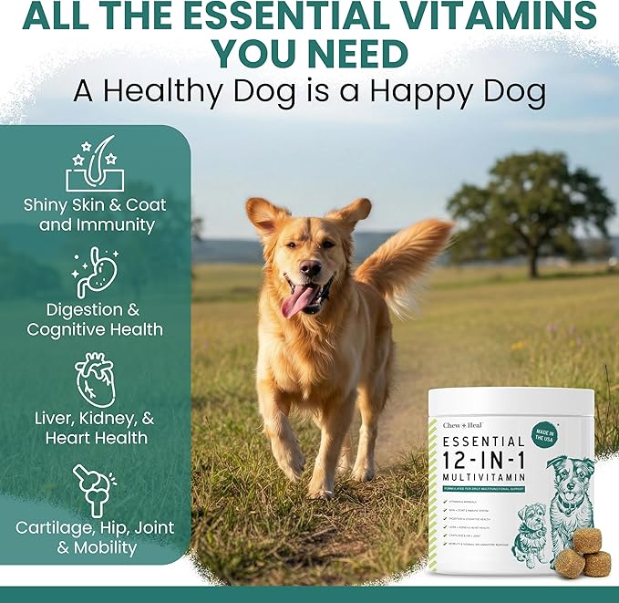 Dog Multivitamin Chewable - Chew + Heal 12-in-1, 60 Ct, All Breeds Dog Vitamins & Supplements for Hip & Joint, Skin, Coat, Immune Support with Glucosamine, Omega 3,6,9, Probiotics, Chicken Flavor