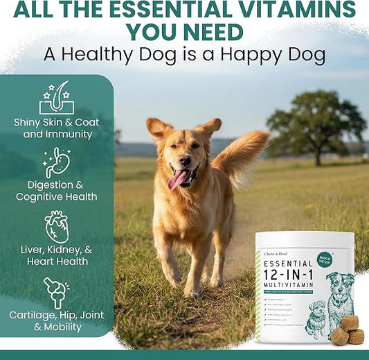 Dog Multivitamin Chewable - Chew + Heal 12-in-1, 60 Ct, All Breeds Dog Vitamins & Supplements for Hip & Joint, Skin, Coat, Immune Support with Glucosamine, Omega 3,6,9, Probiotics, Chicken Flavor