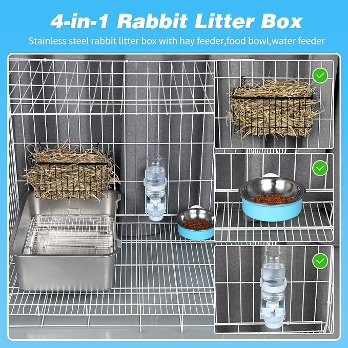 YUEPET 4-in-1 Large Rabbit Litter Box, Non-Slip Stainless Steel Litter Boxes with Sifting Grid & Hay Feeder Food Bowl, Easy Cleaning Bunny Litter Box with Odor Control for Rabbits Small Pets（L）