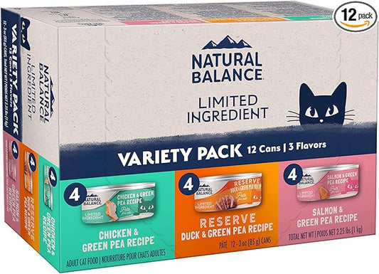 Natural Balance Limited Ingredient Cat Food Variety Pack - Chicken, Salmon and Duck with Green Pea Recipes, Soft Pate Wet Digestion Cat Food for Sensitive Stomach, 3 oz., Case of 12