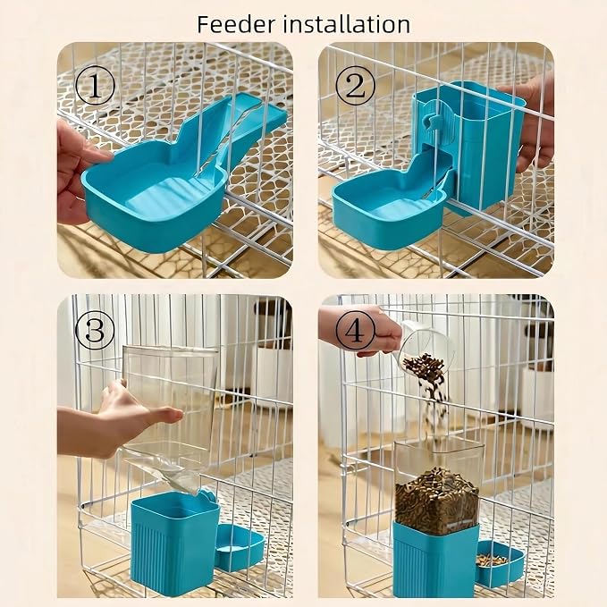 Hanging Automatic Pet Feeder and Water Dispenser Set, 40oz Gravity Food Feeder & 17oz Water Bottle for Rabbit, Guinea Pig, Ferret, Chinchilla - Cage Mount Small Animal Feeding Supplies (Blue)