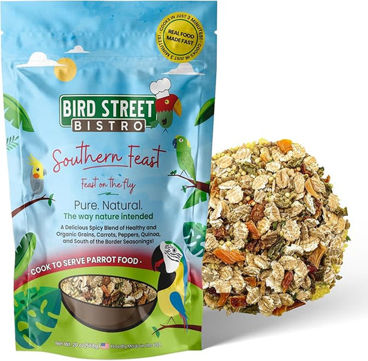 Bird Street Bistro Parrot Food for Parakeets & Cockatiels - Southern Feast - 20 oz - Cooks in 3-15 min, Natural Grains, Fruits & Vegetables - USA Made