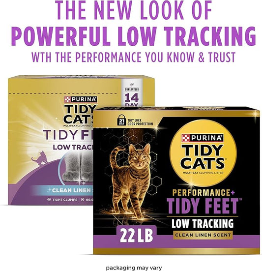 Purina Tidy Cats Performance Plus Tidy Feet Scented Low Tracking Cat Litter, Clumping, Multi-Cat Odor Control Kitty Litter with Clean Linen Scent - 22 lb. Box