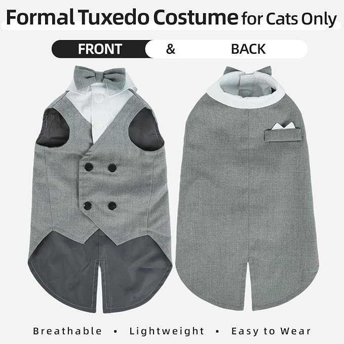 QBLEEV Cat Tuxedo Outfit with Bow Tie, Sphynx Cat Costume Formal Suit Wear | Soft breathable, stylish hairless clothes for cats only, kitten wedding birthday party shirt apparel for male boy