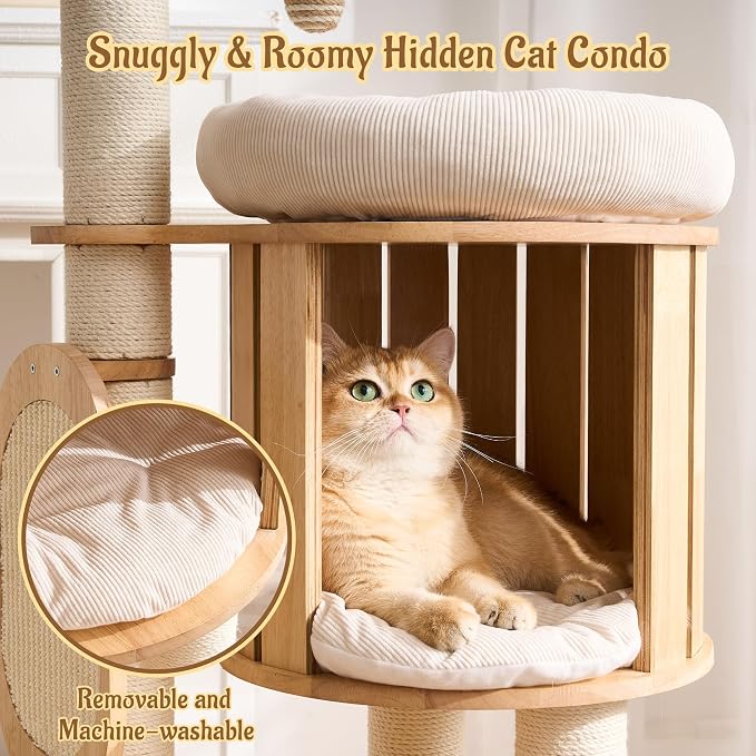 Modern Solid Wood Cat Tree for Indoor Cats Large Adult, 50in Tall Cat Tower with Sisal Scratching Posts, Cat Scratcher Cardboard, Cozy Cat Beds Cave Condo, Multi-Level Cat Furniture