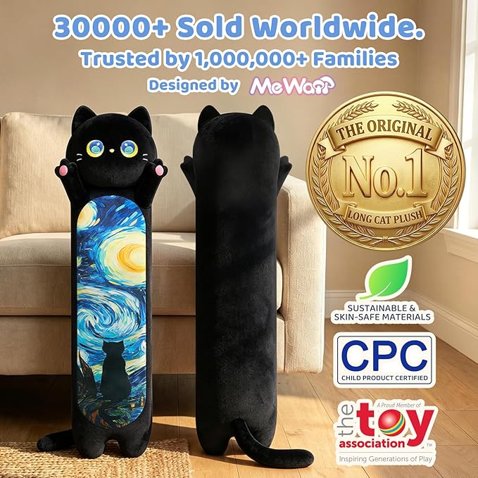 Mewaii Long Cat Plush 5 Sizes, 120% Extra Filling Giant Plushness Kids Body Pillow, Kawaii Cute Black Starry Cat Stuffed Animals Plushies, Big Long Black Cat Body Pillow Plush Gift for Girls 20”