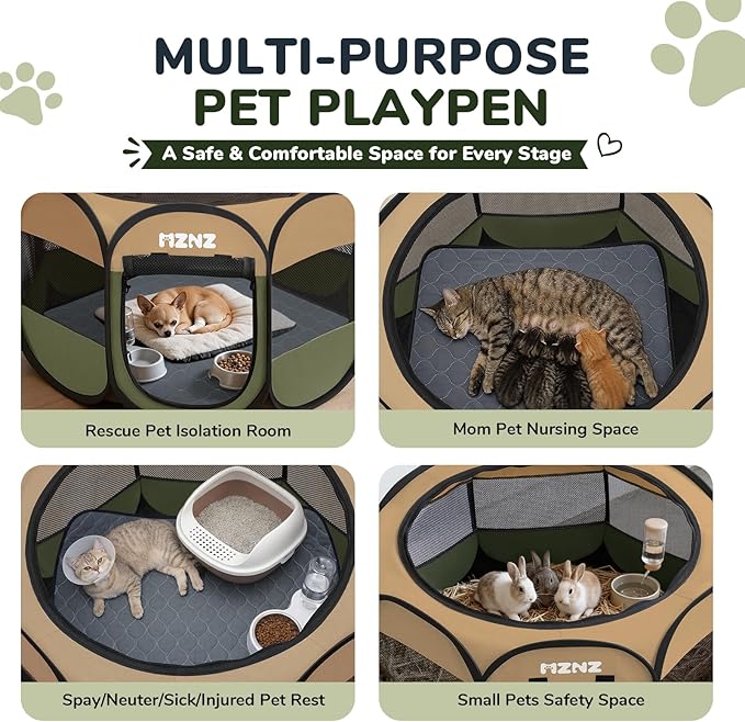 Dog Cat Playpen with Pee Pad, Portable Puppy Pet Crate Indoor for Small Dogs Cats Rabbits, Foldable Dog Cage Enclosure for Outdoor, Pop Up Dogs Tent Kennel with Carrying Case, Olive Green