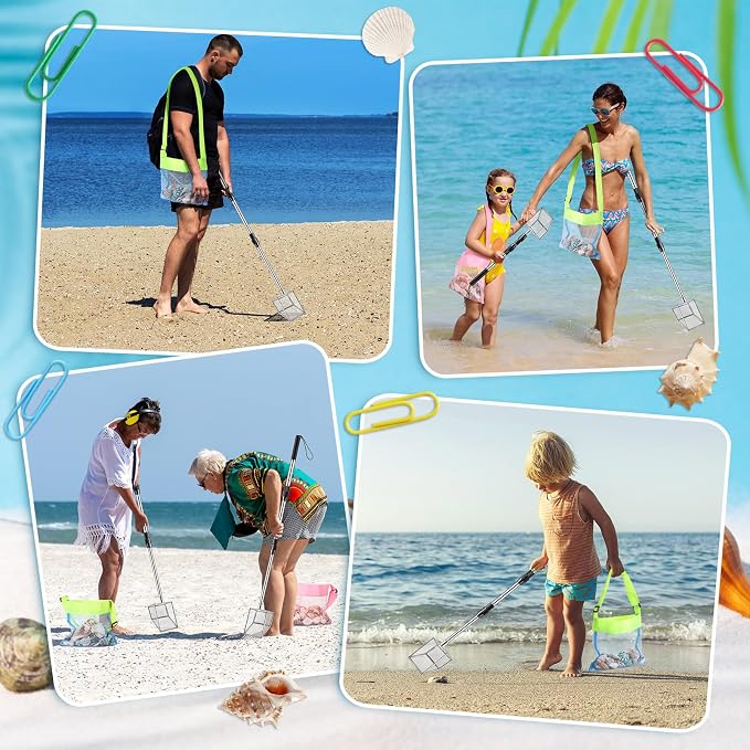 4Pack Shark Tooth Sifter(2 Shell Scooper+2 Seashell Bags), Retractable Long Handle Sand Dipper Shovel Tool for Adults and Kids, Shark Teeth Scoop for Picking Up Shells and Rocks