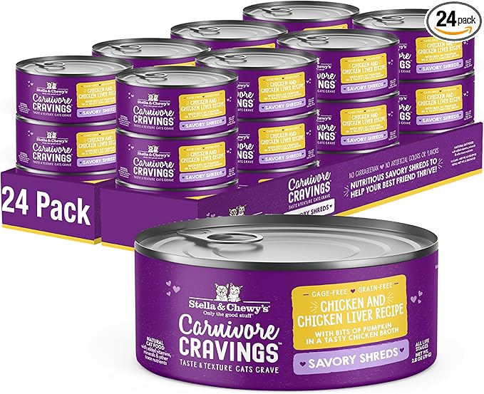 Stella & Chewy's Carnivore Cravings Savory Shreds - Wet Cat Food - High-Moisture Formula with Premium Cage-Free Chicken & Chicken Liver - Perfect for Picky Eaters - 2.8 oz, 24 Count