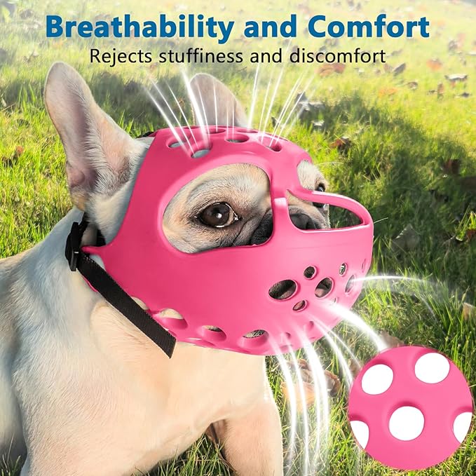 BARKLESS French Bulldog Muzzle, Soft Silicone Short Snout Dog Muzzle for Pug Boston Terriers, Brachycephalic Dog Mouth Guard to Prevent Biting, Ideal for Grooming, Allows Panting (Hot Pink, L)