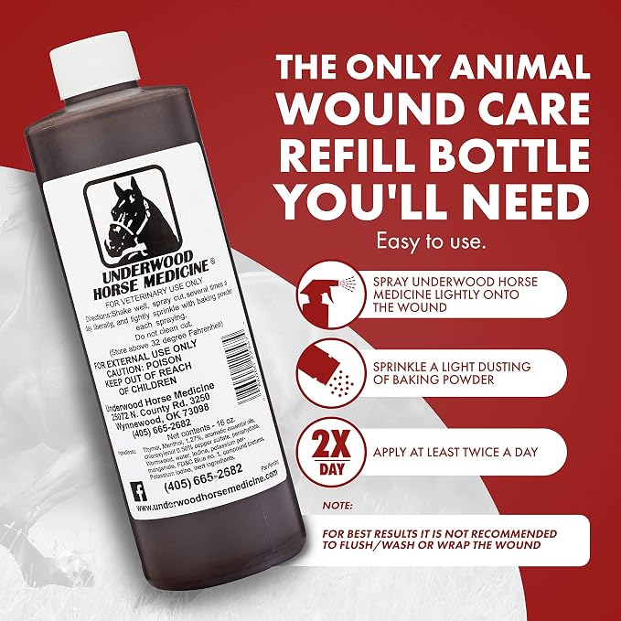 Underwood Horse Medicine - Wound Spray for Fast, Easy & Effective Healing of Cuts, Scrapes, Tears & Punctures Without Wrapping or Flushing – Sting-Free Wound Care for Horses, Dogs & More – 2-Pack