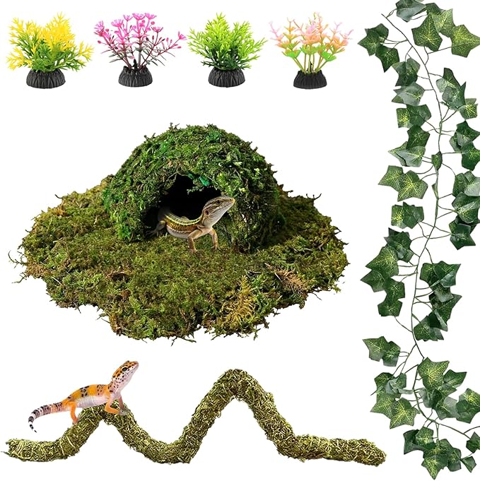8 Pcs Reptile Hides and Caves Leopard Gecko Tank Accessories Bendable Moss Vine for Reptiles Fake Leaves Potted Plants for Terrarium Vivarium Hide