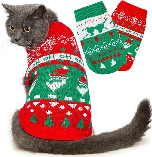Stretchy Cat Christmas Sweater - 2 Packs Christmas Sweaters for Cats | Snug Winter-Ready Knit for Boy/Girl Cats & Kittens(Scarlet, X-Small)