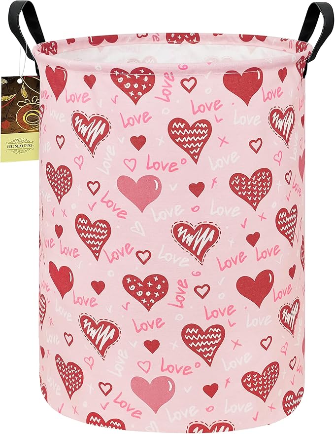 Collapsible Fabric Storage Basket, Waterproof Laundry Hamper with Handles, Round Storage Bin for Clothes Toys, Foldable Organizer for Bedroom Nursery Bathroom(Round-Pink Love Heart)