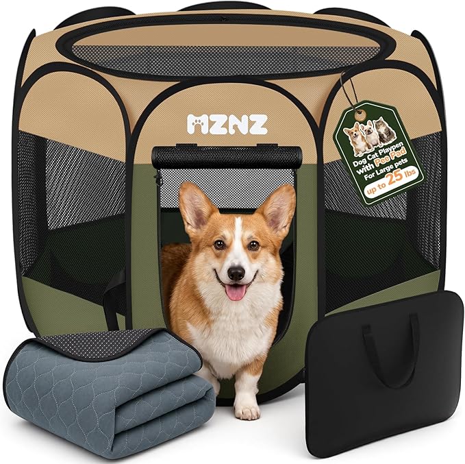 Dog Cat Playpen with Pee Pad, Portable Puppy Pet Crate Indoors for Small/Medium Dogs Cats Rabbits, Foldable Dog Cage Enclosure for Outdoor, Pop Up Dogs Tent Kennel with Carrying Case, Olive Green