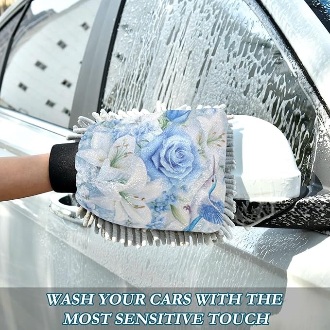 Car Wash Mitt Microfiber Wash Mitts for Car Washing Scratch-Free Cleaning Gloves Soft Non Absorbent Chenille Auto Hand Mitt Medium 2Pack White Lily Blue Roses Hummingbird White Snow