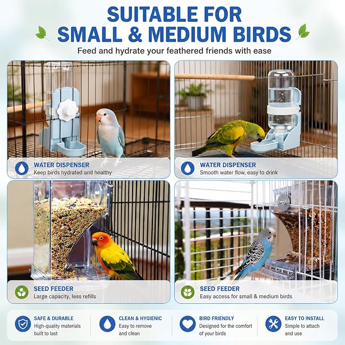 Rypet No Mess Bird Water Feeder Dispenser Set Automatic Bird Feeder Transparent Food Container Cage Acrylic Parrot Feeders Accessories for Small Birds Parrot Cockatoo Canary