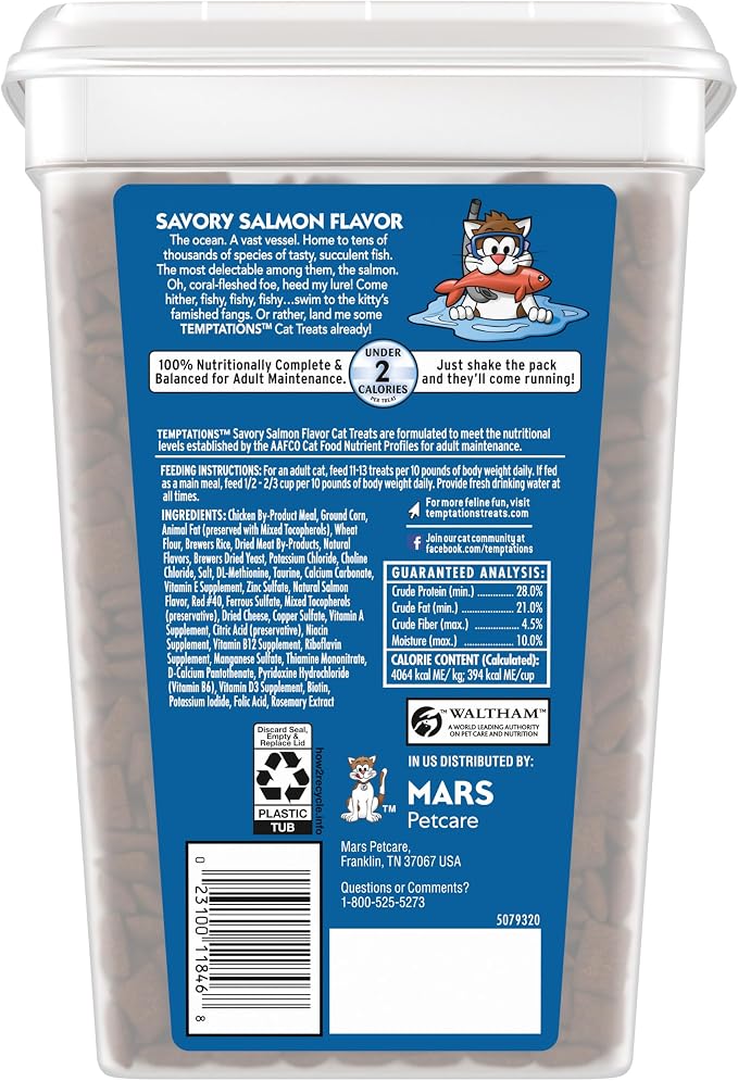 Temptations Cat Treats Classic Crunchy and Soft Cat Treats, Savory Salmon Flavor, 30 oz. Tub
