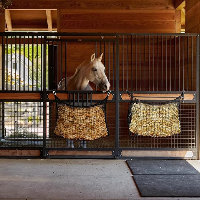 2 PCS Slow Feed Hay Net for Horses, Large Capacity Hay Bags with 4 Carabiner Clips and Gloves, Heavy Duty Slow Feeder for Horse Goat Sheep, Full Day Feeding for Stall Trailer, Black, 35 x 31 Inch