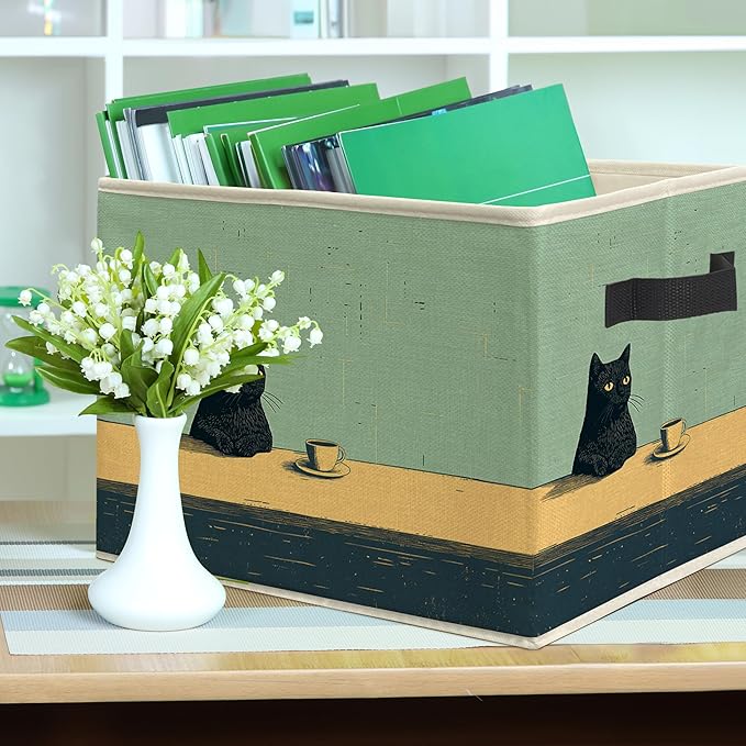 Vintage Coffee Black Cat Storage Bin Box, Cat Lover Mom Lady Grandma Gifts Collapsible Storage Basket Organizer for Bedroom Bathroom Home Clothes Toys Books, Toybox for Girls